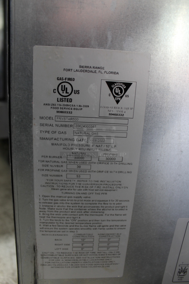 2022 Sierra Frystar500 Stainless Steel Commercial Floor Style Natural Gas Powered Deep Fat Fryer. 30,000 BTU.  - Image 6 of 6