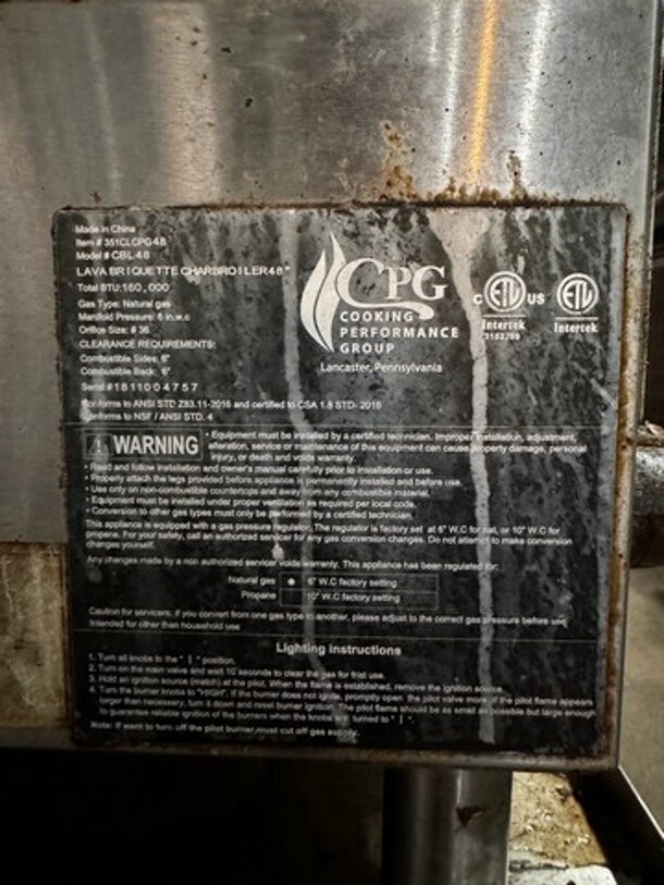 CPG CBL48 48" Natural Gas Lava Briquette Charbroiler (Stand not included) 48X27X15 - Image 5 of 6