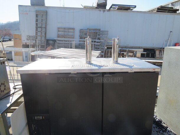 One Micromatic 2 Door Kegorator With 2 Towers, and 2 Taps On Casters. Model# MDD-58. 115 Volt. 59.5X28.5X55 - Image 1 of 1