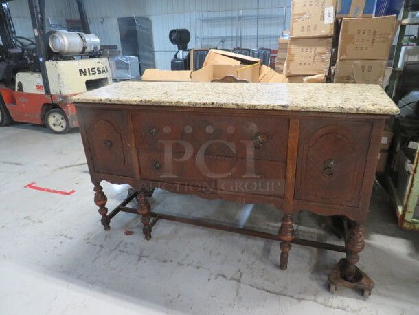 One AWESOME Vintage Wooden Buffet With 2 Doors And 2 Drawers And A Granite Top. 67X21X38