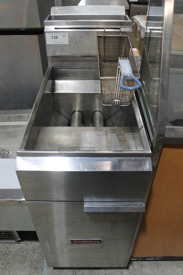 Tri-Star Stainless Steel Commercial Floor Style Natural Gas Powered Deep Fat Fryer w/ 1 Metal Fry Basket. 