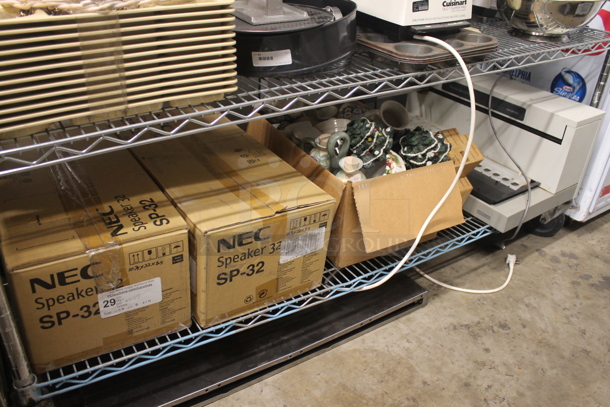 ALL ONE MONEY! Lot of Strainers, Stainless Steel Masher, Steel Drop In Bins, Hand Mixers, Small Steel Pot, Cuisinart Food Processor, Muffin Baking Sheets, Coffee Maker, Heart Shaped Wicker Basket, Salt And Pepper Shakers, Christmas Decorations, 2 Boxes Of NEC SP-32 Speakers AND MORE! Does Not Include Metro Shelf. - Image 6 of 12