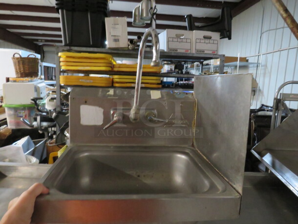 One Advance Tabco Stainless Steel Hand Sink With Faucet And Right Side And Back Splash. 17X15 - Image 1 of 1