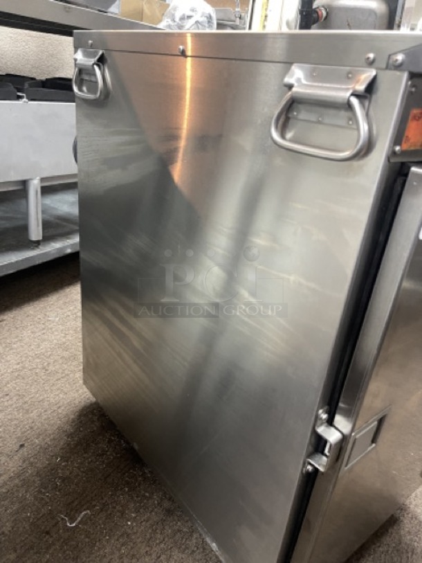FWE HLC-8 Undercounter Insulated Mobile Heated Cabinet w/ (8) Pan Capacity, 120v The FWE HLC-8 undercounter insulated heated cabinet is positioned on 31⁄2-inch casters to provide mobility, and these casters swivel to help employees maneuver turns. It's made of durable stainless steel, and the exterior is polished smooth to facilitate cleaning. The door opens and closes on die-cast hinges and has a magnetic handle with no extruded parts that could get in the way. This cabinet is designed for undercounter use, measuring 17 inches wide by 26.50 inches deep by 33.50 inches high. Tested and Working! - Image 2 of 7