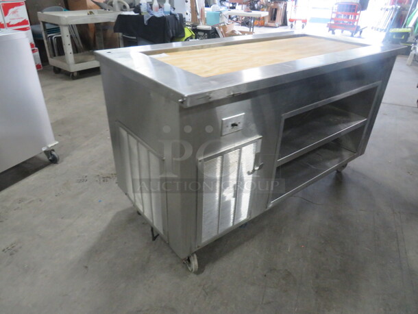 One Delfield Stainless Steel Serving Table With A 50X20X6 Well, And 2 Stainless Under Shelves, On Casters. 63X30X36  - Image 2 of 5