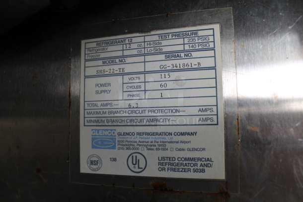 Glenco SHS-22-TE XL Series E Stainless Steel Commercial 2 Half Size Door Reach In Cooler. 115 Volts, 1 Phase. Cannot Test Due To Missing Power Cord - Image 7 of 7