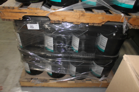 ALL ONE MONEY! PALLET LOT of 24 Black Metal Liquid Rubber Buckets. BUYER MUST REMOVE.