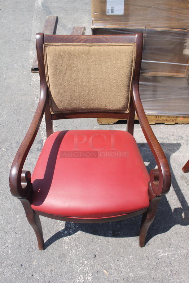 52 Wood Chairs With Tan Cushioned Back And Vinyl Red Seat. 52 Times Your Bid! Cosmetic Condition May Vary! 
