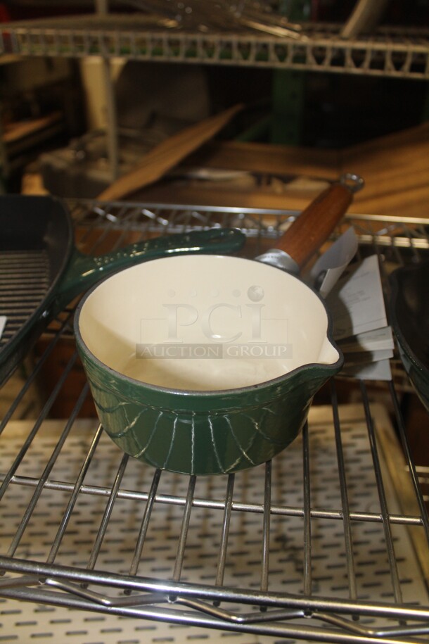 NEW! 4 Pieces Chasseur Green Enameled Cast Iron Cookware. Includes Skillet, Saucepan, Grill And French Oven.4X Your Bid!  - Image 3 of 6