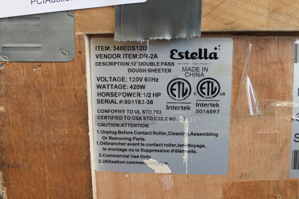 BRAND NEW SCRATCH AND DENT! Estella 348EDS12D Stainless Steel Commercial Countertop 12" Double Pass Dough Sheeter. Stock Picture Used as Gallery. 120 Volts, 1 Phase. Tested and Working! - Image 3 of 5