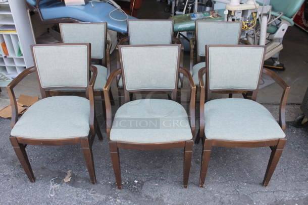 6 Wooden Dining Height Chairs w/ Arm Rests and Blue Seat Cushion. 6 Times Your Bid! - Image 1 of 4