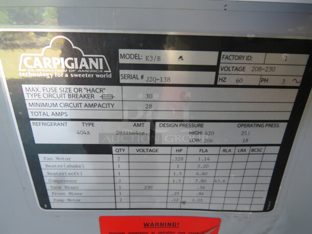 One Carprgiani Floor Standing Shake And Sundae Heat Treatment Combo Freezer On Casters. Model# K3/E. Serial # J2Q-138. 208-230 Volt. 3 Phase. 32X40.5X69 - Image 5 of 5