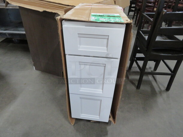 One NEW Echelon 12 Inch Maple 3 Drawer Base Cabinet In An Alpine White Finish. #VDB12-3. 