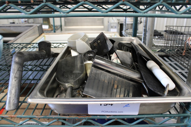 ALL ONE MONEY! Lot of Various Utensils Including Scraper, Dough Divider and Poly Spatulas in Stainless Steel Full Size Drop In Bin! - Image 1 of 6