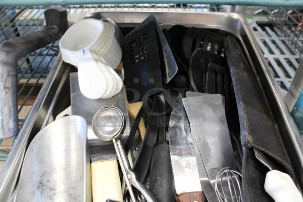 ALL ONE MONEY! Lot of Various Utensils Including Scraper, Dough Divider and Poly Spatulas in Stainless Steel Full Size Drop In Bin! - Image 5 of 6