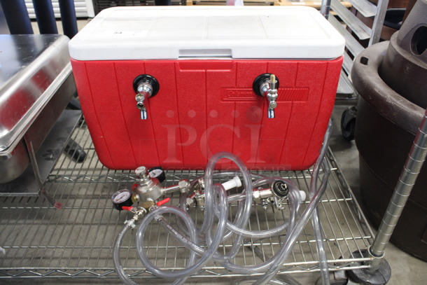 Coleman Red and White Poly Portable Beer Dispenser Jockey Box w/ 2 Beer Taps and 2 Couplers. 24x18x14