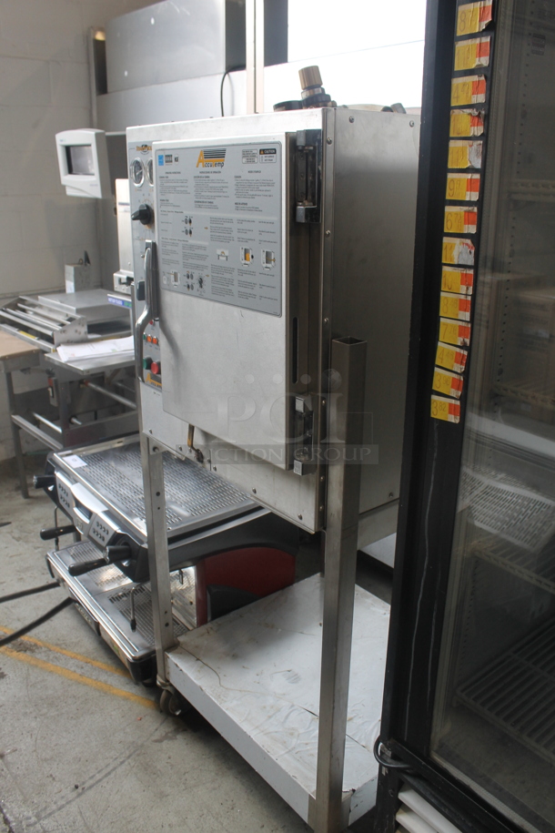 Accutemp S62083D12030250 Commercial Stainless Steel Electric Pan Cabinet Steamer With Pan Racks On Utility Cart With Undershelf and Commercial Casters. 208V, 3 Phase.  - Image 3 of 6