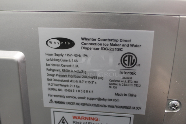BRAND NEW SCRATCH AND DENT! Whynter IDC-221SC Stainless Steel Countertop Direct Connection Ice Maker and Water Dispenser. 115V, 1 Phase. Tested and Working!  - Image 6 of 6