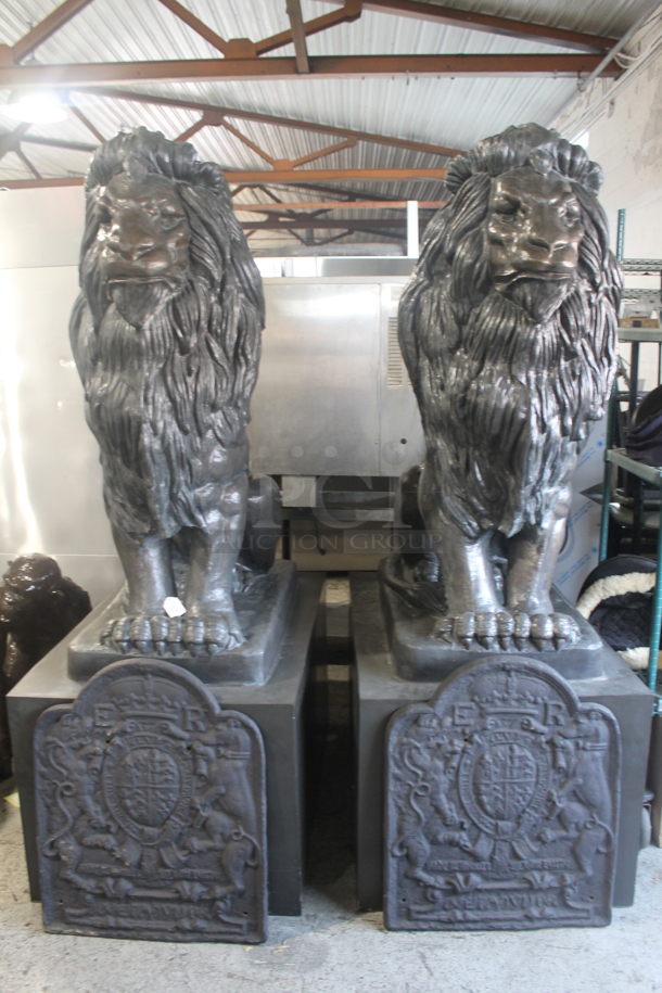 2 MAGNIFICENT Bronze Lion Statues w/ Cast Iron Glyphs Signed by A. Barye 1832. Listing Includes a Picture w/ a 5'8" Tall Human For Size Reference. 2 Times Your Bid! - Image 1 of 12