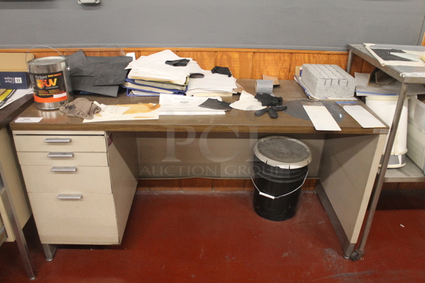 Tan Metal Desk w/ Wood Pattern Desktop, Contents. BUYER MUST REMOVE. - Image 1 of 4