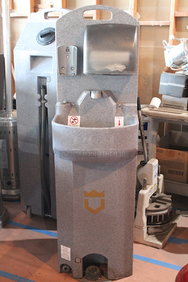 PERFECT! PolyJohn 15.5 Gallon Mobile Sink On  Heavy Duty Casters! 18" x 20" x 62"
Unit Can Accommodate: Fresh Water Tank Capacity: 15.5 gallons, Waste Water Tank Capacity: 19 gallons, Soap Dispenser Capacity: 30 oz., Includes Paper Towel Dispenser.  - Image 1 of 11