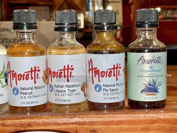 BREWER'S MONSTER LOT: 
Amoretti 2 FL OZ (60 ml) Extracts: Ginger W.S. EXTRACT #522, Chocolate "Crème de Cacao" W.S. Extract #72, Natural Habanero Hot Pepper W.S. Extract 689,  Juniper Berry Terpeneless O.S. Extract #663, Natural Roasted Peanut W.S. Extract #1356, Italian Hazelnut Liqueur Type
W.S. Extract #503, Natural Pumpkin Pie Sauce W.S. Extract 1285, Organolicious
Premium Blue Agave Nectar Amber 
Amoretti 4fl Oz: Cherry Marbleizing Swirl #SW12-V1, Pineapple Marbleizing Swirl #SW16, Mojito Marbleizing Swirl #SW27, Hazelnut Compound #336, Passion Fruit ARTISAN #ART1-NS, Red Sour Cherry COMPOUND #302-V1, Irish Coffee
COMPOUND #3087, Pineapple COMPOUND #301, Marshmallow W.S. EXTRACT #1010, Chai "Tea" COMPOUND #399, Lychee COMPOUND #384, Wine Blossom COMPOUND #3036, Pineapple ARTISAN #ART10, Coconut
SWIRL #SW17, Blood Orange SWIRL #SW383-VI, 
McCormick Coconut Extract
Beer Craft: Black Crown Caps, Calcium Carbonate, Gypsum x2, 
Pure: Calcium Sulfate Dihydrate Gypsum
Citric Acid & Calcium Chloride - Image 4 of 11