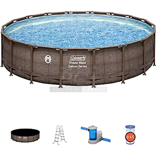 BRAND NEW IN THE BOX! (3) Coleman Deluxe Series Power Steel 18’ x 48” Round Above Ground Pool Sets. Each Set Contains: 1 pool, 1 filter pump (compatible with Type III cartridge), 1 ladder, 1 pool cover. 3x Your Bid