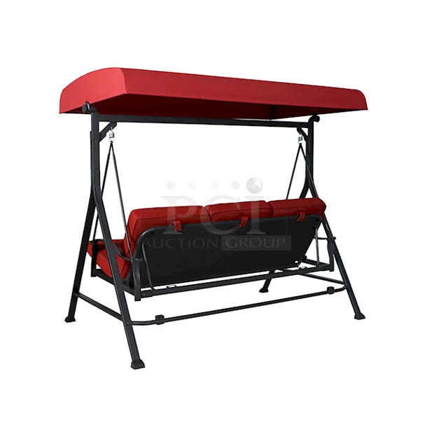 IN THE BOX & WAITING FOR YOU!! Mainstays Belden Park 3 Person Seat Outdoor Furniture Patio Swing and Daybed with Canopy, Red. 80.71” x 51.57” x 72.83”  - Image 6 of 8