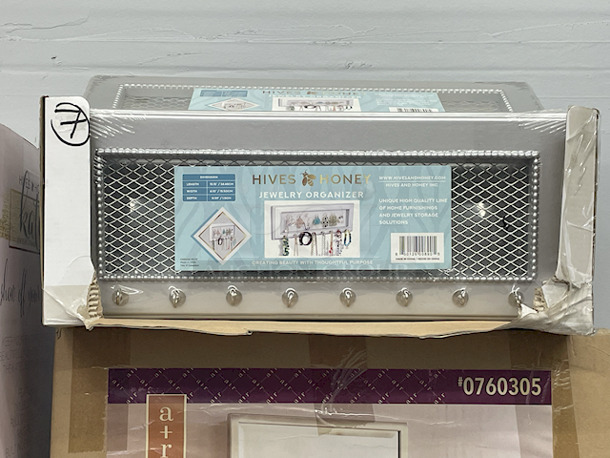 Bed / Bath Storage & Organization  – (2) Hives & Honey – Katie – Jewelry Stands; (4) Mainstays 24-Pocket Over The Door Shoe Organizers; (1) White Over The Door Rack; (1) Allen + Roth 3 Shelf Recessed Mount Brushed Nickel Finish Medicine Cabinet Fits 14”x24” Rough Opening; (7) Hives And Honey Wall Monet Jewelry Organizers; (11) 4 10-1/2” x 10-1/2” Sheets of Peel & Stick Tiles.  - Image 10 of 12