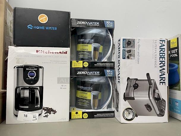 SWEET! (5) Piece Lot – [1] KitchenAid 12 Cup Glass Carafe Coffee Maker, [1] Home Water; [2] Zero Water 10-Cup Pitcher With Filter; [1] Farberware 3-Liter Filter Fryer.  - Image 1 of 5