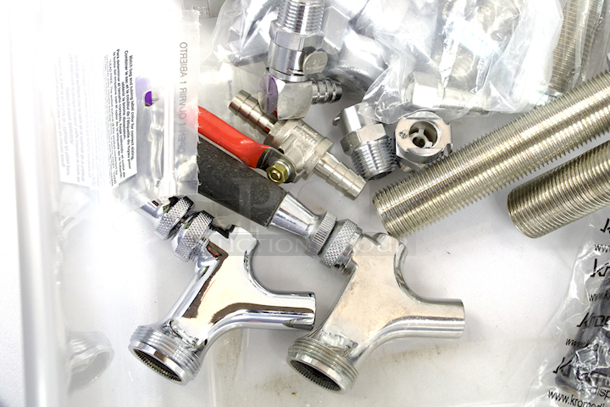 NEW-NEVER USED Box Of Kegerator & Brewery Hardware: (6) Foxx Equipment Co 12BO3116 ABECO 5/8" BSP Beer Thread” ¼” x 8-1/2” Chrome Plated Brass Shanks, (4) Hex “Beer” Nuts - 29/32"-14 Beer Thread, (4) Taps, (10) Tap Brushes, (3) Krome Dispense C184 Standard Faucet Plastic Knob W/ Brass Insert, GreenLeaf CBSHM5160BG1 5/16” Nylon  Hose Barb x 5/16 Hose Barb - Image 6 of 10