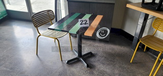 COLORFUL! 24" x 30" Wood Table - 6 Wood Planks, Multi-Color, With Crossbar Table Base. 