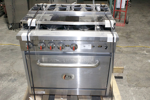 Cooking Performance Group S36-SU-N Gas 6 Burner 36" Step-Up Range with 1 Standard Oven, 210,000 BTU. Legs For Back Panel Supports Are Bent. 36x32-5/8x60-3/8  - Image 5 of 11