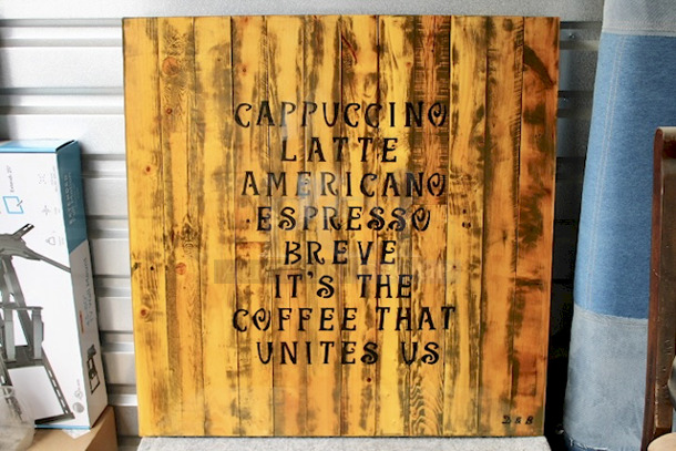 OUTSTANDING! Custom Built Laminated Table Top & Heavy Duty Weighted Outdoor Stands. -- Writing On Table: 
CAPPUCCINO
LATTE
AMERICANO
ESPRESSO
BREVE
IT'S THE
COFFEE THAT 
UNITES US 
  --  2x Your Bid. 36x36x22