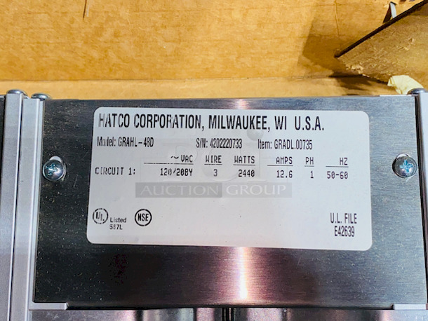 NEW!! NEVER USED! Hatco GRAHL-48D Glo-Ray 48" Aluminum Dual High Wattage Lighted Infrared Warmer with 6" Spacer and Toggle Controls - 120/208V, 2440W

Width	48 Inches
Depth	18 Inches
Height	2 1/2 Inches
Hertz	60 Hertz
Phase	1 Phase
Voltage	120/208 Volts
Wattage	2,440 Watts
Control Type	Attached Toggle - Image 3 of 4