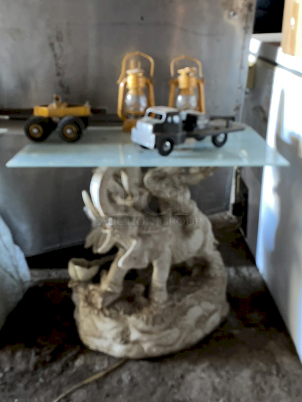 AWESOME! 3 Elephant Base Tables With Glass Tops With Vintage Cars and Lanterns. 3x Your Bid - Image 2 of 6