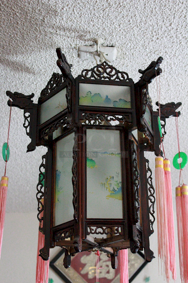 VINTAGE! Classical Chinese Hanging Lanterns With Ornate Carvings & Designs, With Light Fixture. - Image 4 of 4