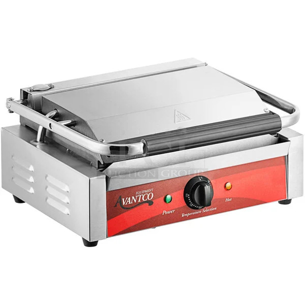 BRAND NEW IN BOX! Avantco 177P78  Stainless Steel Commercial Countertop Panini Press. 120 Volts, 1 Phase. 16x15x9. (bar) - Image 1 of 5