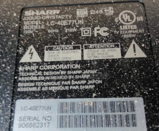 Sharp LC-40E77UN 40" Television. 120 Volts, 1 Phase. Tested and Working! Buyer Must Pick Up - We Will Not Ship This Item - Image 4 of 4
