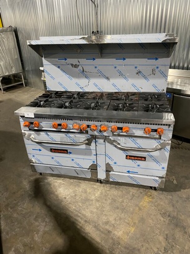 SCRATCH-N-DENT! LATE MODEL! Sierra Commercial Natural Gas Powered 10 Burner Stove! With Raised Back Splash And Salamander Shelf! With 2 Oven Underneath! All Stainless Steel! On Casters!