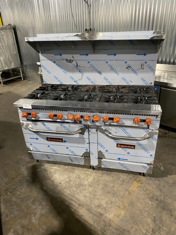 SCRATCH-N-DENT! LATE MODEL! Sierra Commercial Natural Gas Powered 10 Burner Stove! With Raised Back Splash And Salamander Shelf! With 2 Oven Underneath! All Stainless Steel! On Casters! - Image 1 of 12