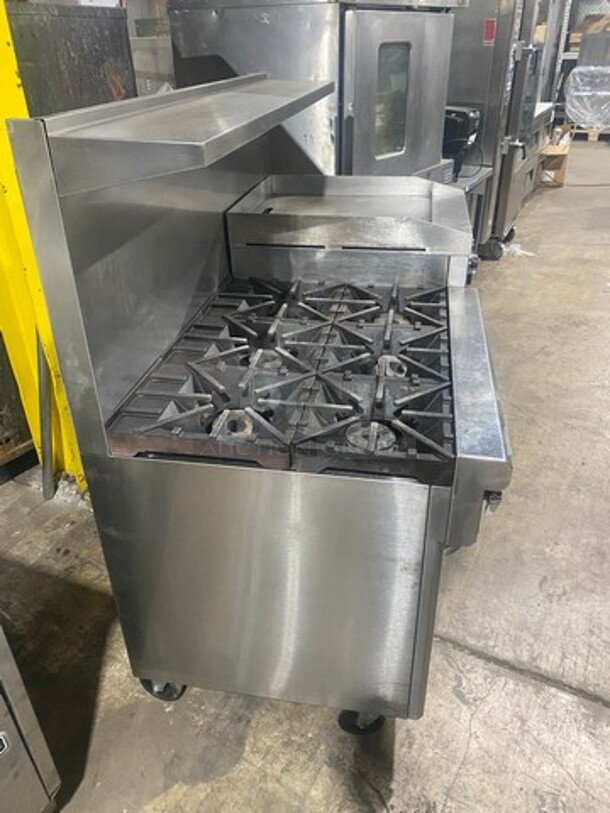 Southbend Commercial LP Powered 6 Burner Stove With Right Side Flat Griddle! Griddle Has Side Splashes! With Raised Back Splash And Salamander Shelf! With 2 Oven Underneath! Metal Oven Racks! All Stainless Steel! On Casters! - Image 4 of 11