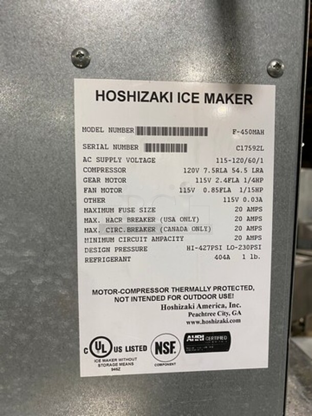 Hoshizaki Commercial Ice Maker Machine! With Follet Commercial Ice Transport System! All Stainless Steel! On Legs! Model: F450MAH SN: C17592L 115V 60HZ 1 Phase, Model: ITS500NS31 SN: E24932 - Image 5 of 9