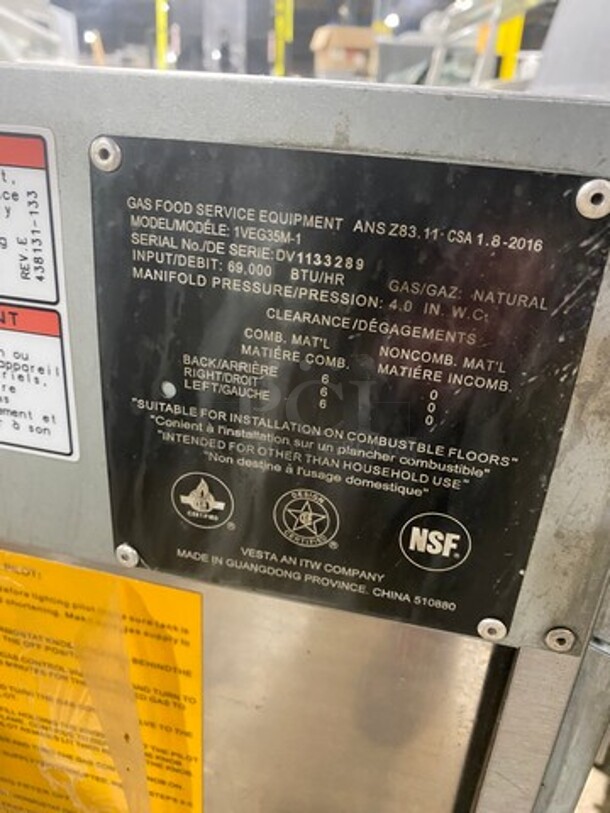 Vulcan Commercial Natural Gas Powered Deep Fat Fryer! With Frying Baskets! All Stainless Steel! On Casters! Working When Removed! MODEL 1VEG35M1 SN:DV1133289  - Image 6 of 8