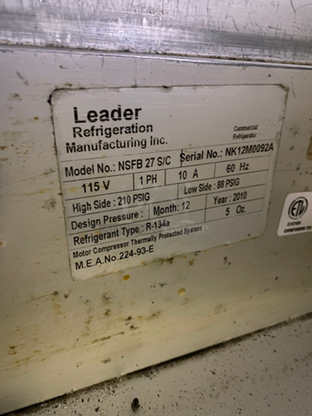 COOL! Leader Commercial Single Door Refrigerated Lowboy/Worktop Cooler! With Poly Coated Racks! With Front Glass!  All Stainless Steel! On Legs! Model: NSFB27S/C SN: NK12M0092A 115V 60HZ 1 Phase - Image 8 of 10