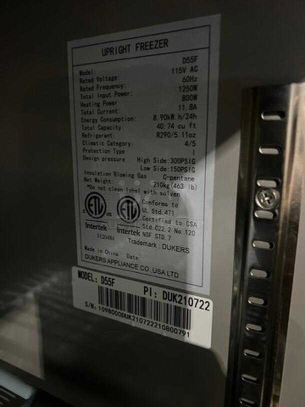 NICE! NEW! SCRATCH-N-DENT! Dukers Commercial 2 Door Reach In Freezer! Poly Coated Racks! All Stainless Steel! POWERS ON, DOES NOT GO DOWN TO TEMPETURE! Model: D55F SN: 1098000DUK210722210800791 115V - Image 4 of 5