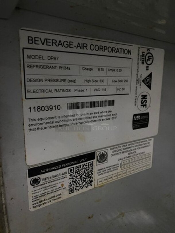 Beverage Air Commercial Refrigerated Pizza Prep Table! With 2 Door Storage Space! All Stainless Steel! Model: DP67 SN: 11803910 115V 60HZ 1 Phase - Image 8 of 10