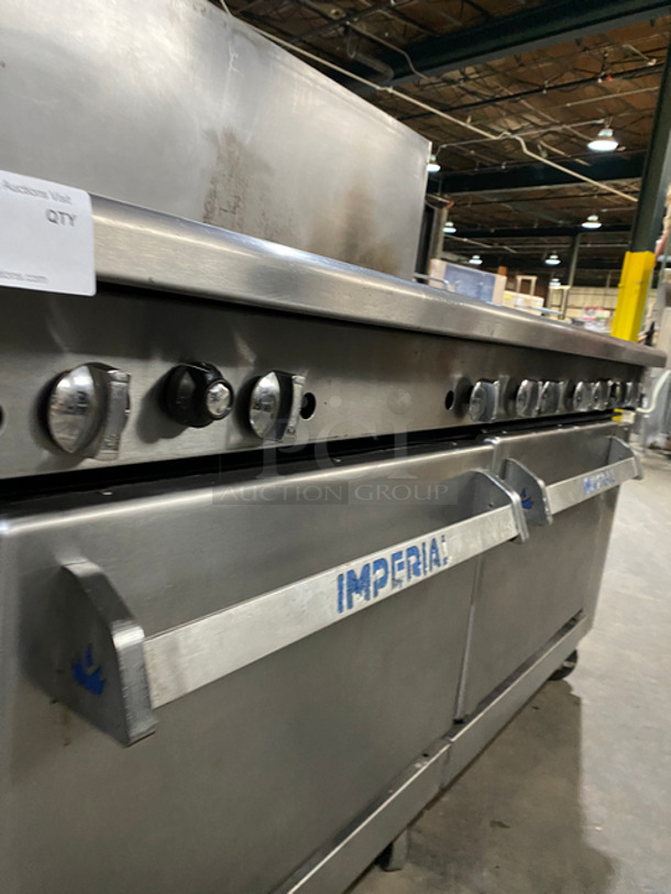Sweet! Imperial Commercial Natural Gas Powered 6 Burner Stove With Left Side Flat Top Griddle! 2 Full Size Ovens Underneath! With Metal Oven Racks! Left Side Splash And Raised Back Splash!  All Stainless Steel! On Casters! - Image 10 of 11
