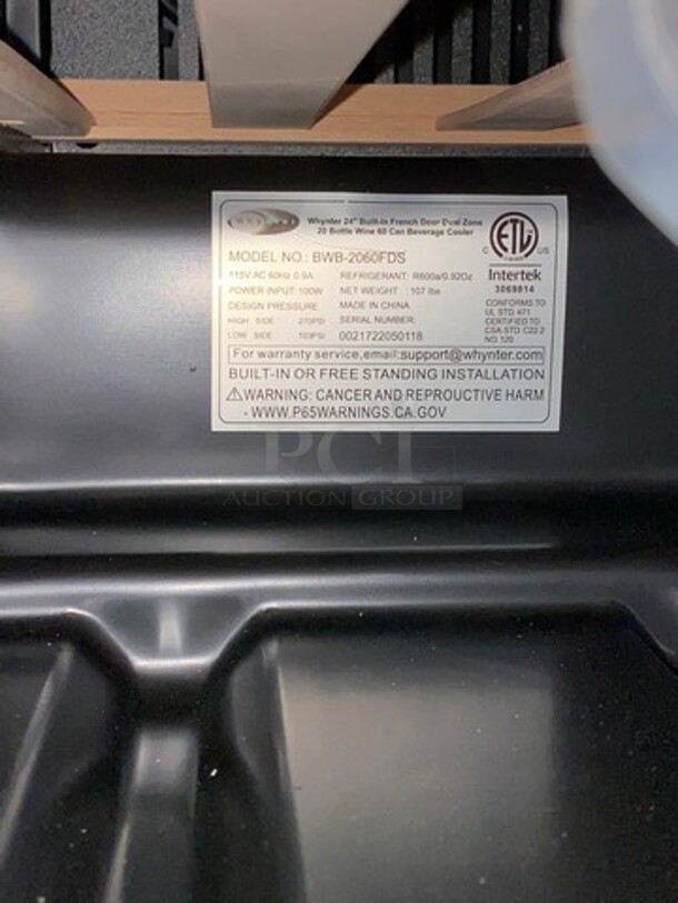 NEW! OUT OF THE BOX! SCRATCH-N-DENT! Whynter French Door Dual Zone Wine And Beer Can Cooler! With Through Doors! Wooden Wine Racks And Metal Racks! 20 Wine Bottle 60 Beer Can Capacity! Model: BWB2060FDS 115V - Image 10 of 10