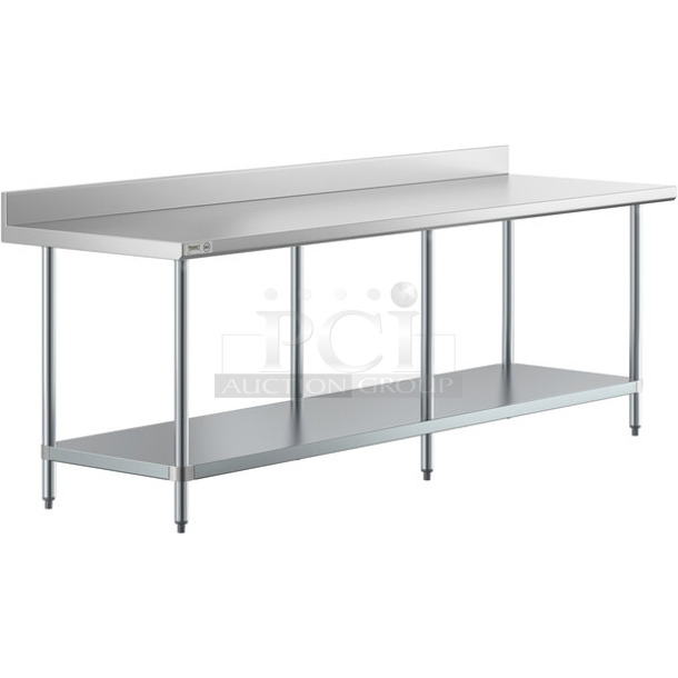 BRAND NEW SCRATCH AND DENT! Regency 600TB3096G 30" x 96" 18-Gauge 304 Stainless Steel Commercial Work Table with 4" Backsplash and Galvanized Undershelf - Image 1 of 6
